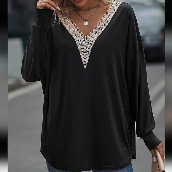 Lace V-Neck Black Casual Top. - Picture 3 of 5